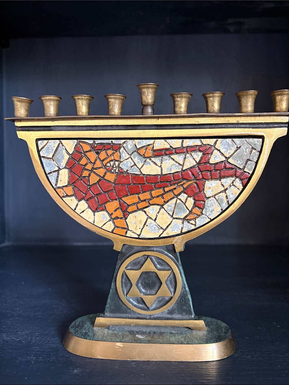 Mosaic Red and Gold Menorah with Star Accent
